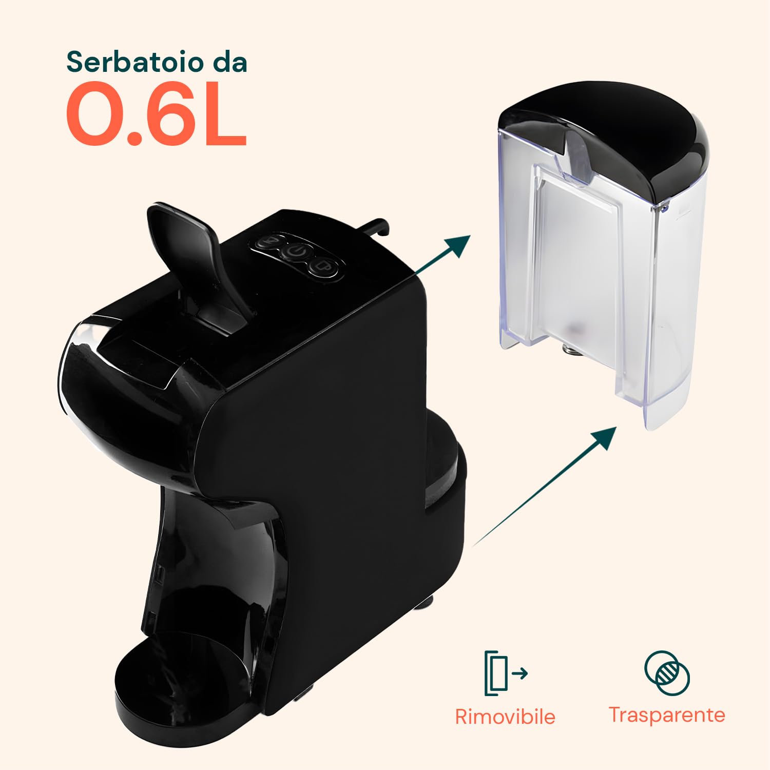 Wintem Macchina Caffè Compatta Grace da 1450W con Arresto Automatico, Selezione Espresso Corto/Lungo, Interruttore ON/OFF e Compatibilità con Capsule e Cialde (Nero)