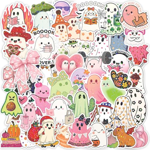 112 PCS Cute Ghost Stickers - Funny Halloween Holographic Stickers Waterproof Vinyl Decals Suitable for Laptop Water Bottle Book Gift Box Birthday or Party Decorations Ghost Party Favors