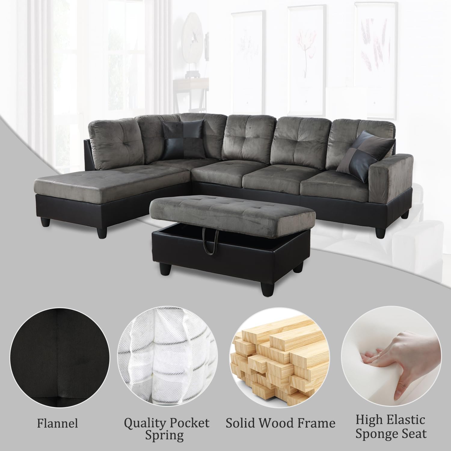 L-Shaped Sectional Sofa Set, 3-Seater Sofa with Chaise, Taupe Microfiber Couch with Storage Ottoman, Small Space Living Room Sofa Set (Left-Hand Facing)