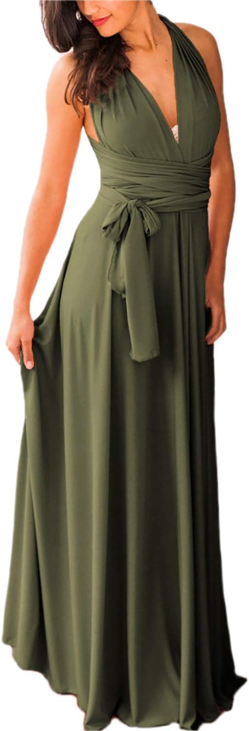 PERSUN Army Green Multi Way Strap Wrap Convertible Maxi Dresses for Women