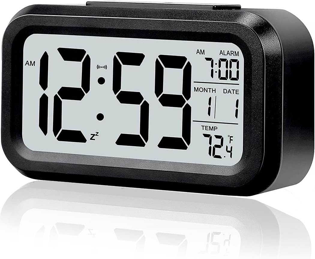 Digital Alarm Clock, Battery Operated Alarm Clock with Date,Indoor Temperature,Smart Night Light, Easy Operation Electronic Clock for Bedrooms Home Kids (Black)