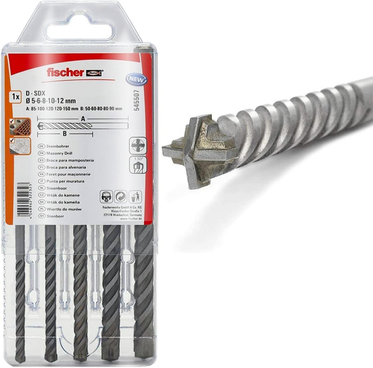 Fischer D-SDX Quattro Taglienti Kit 5 Punte Trapano 5-6-8-10-12 mm Carburo di Tungsteno attacco Cilindrico