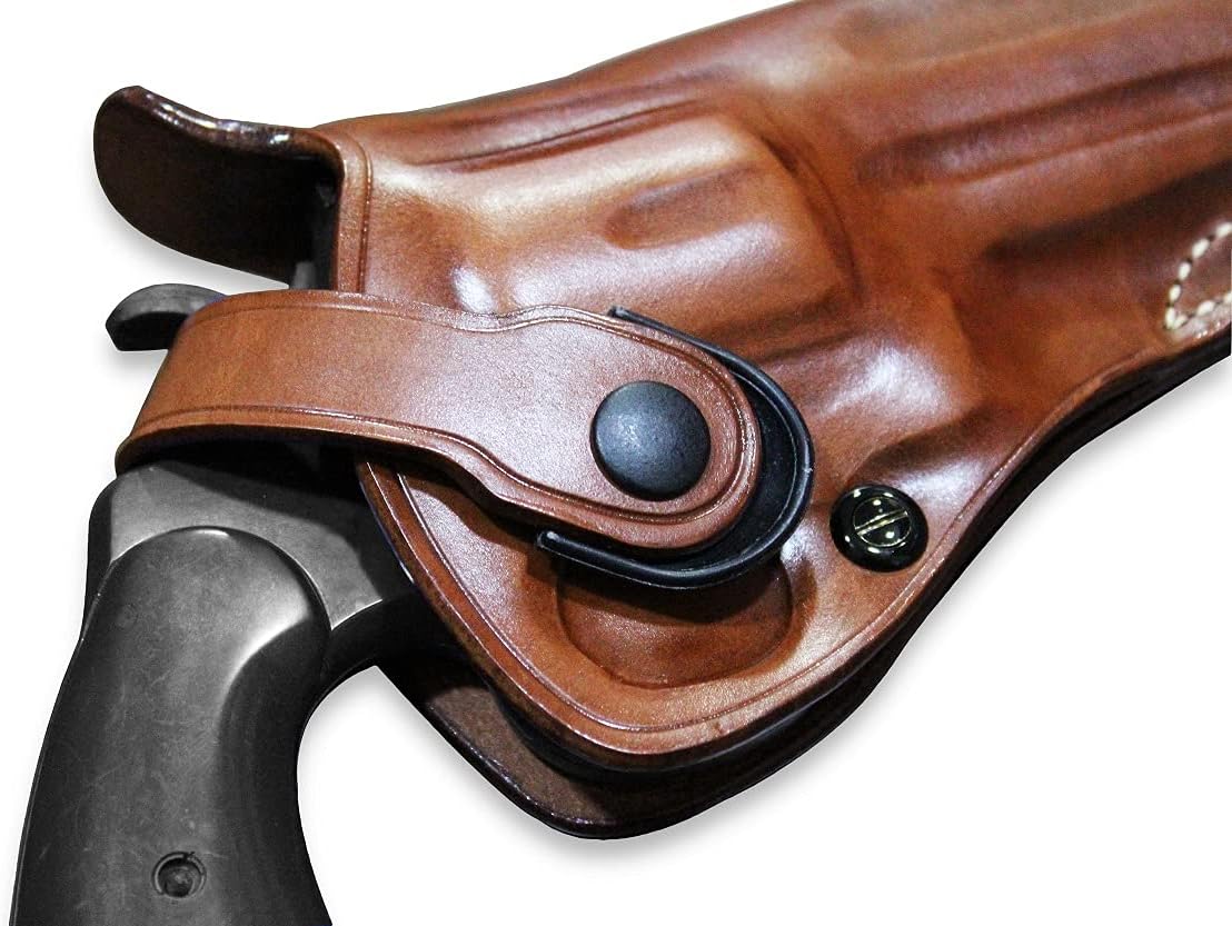 Premium Leather Three Slot Belt Holster with Retention Strap Fits Python 357 Magnum 6-inch, R/H Draw, Brown Color #1306#
