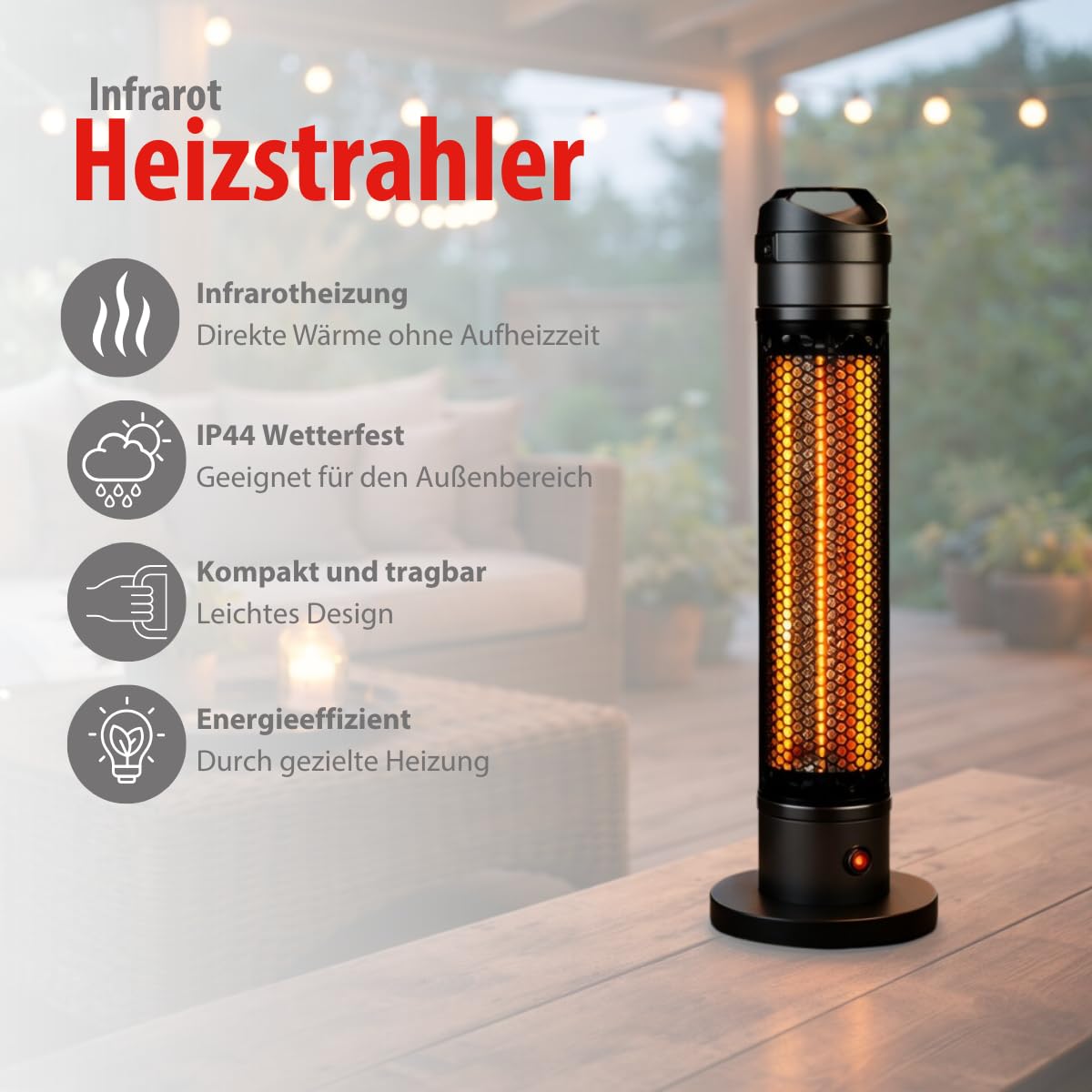 alpina Infrarotheizung TBH800 - Infrarot Heizstrahler 800W - für Innen und Außen - Elektroheizkörper Freistehend - Terrassenheizer - Zeltheizung - IP44 Zertifiziert - Schwarz