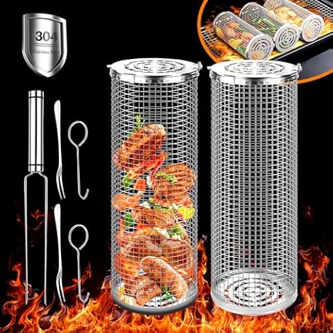 Rolling Grilling Baskets Outdoor Accessories Stainless Steel Cylinder Tubes Vegetable Cage Veggie Grill Bbq Basket Nets Veggies Barbecue Round Net Cylinders Barbeque Kabob Fish Meat Gear Gift （2pcs） Cover