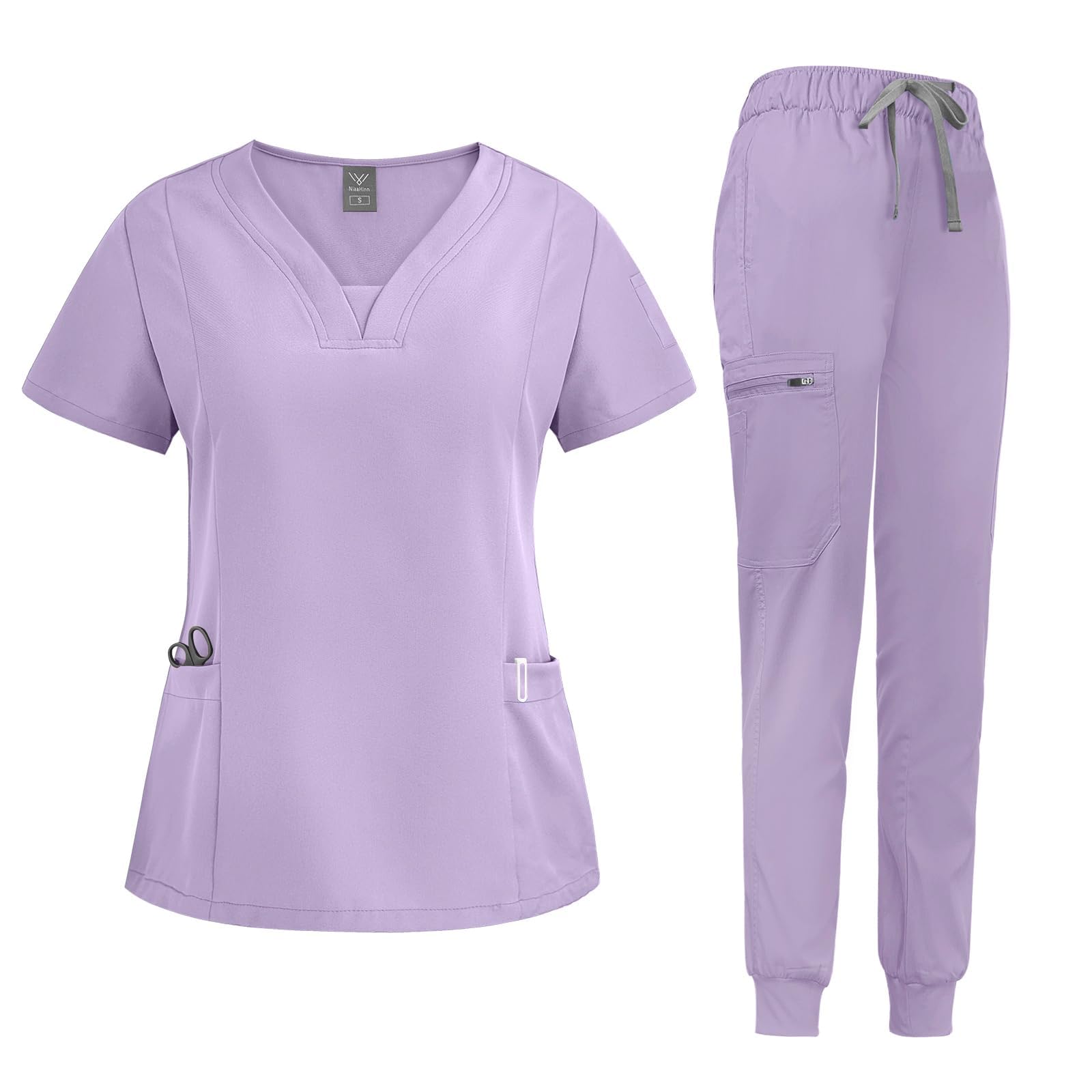 niaahinn Scrub Suit Set for Women Modern V-neck Top & Tapered Leg Jogger Pants with Drawstring Medical Nursing Uniforms Set