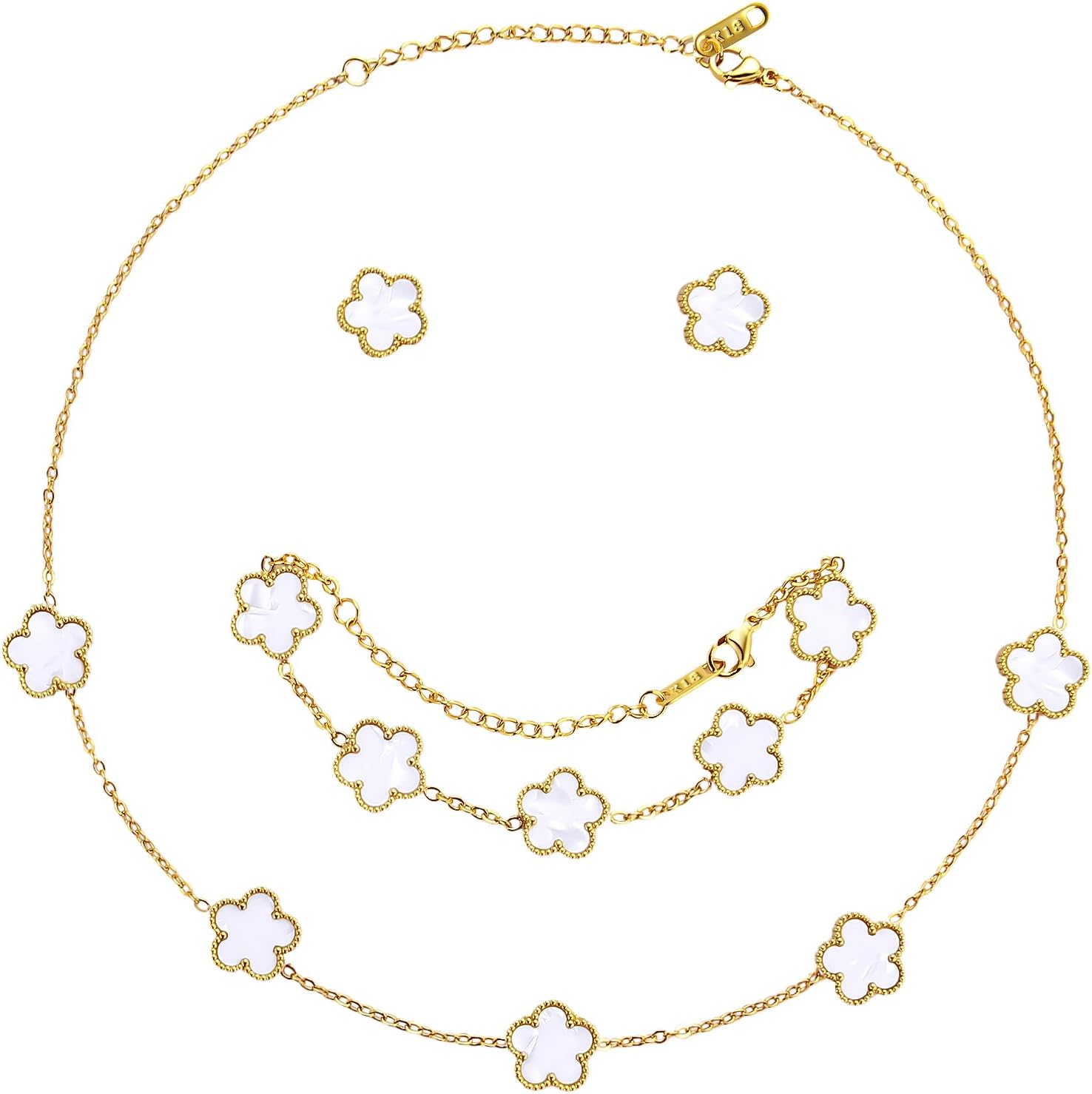Lucky Clover Jewelry Set - 18K Gold Plated Flower Design Five Leaf Bracelet, Necklace Pendant, Earrings for Women - Lucky Gifts for Mom, Wife, Daughter, Friends