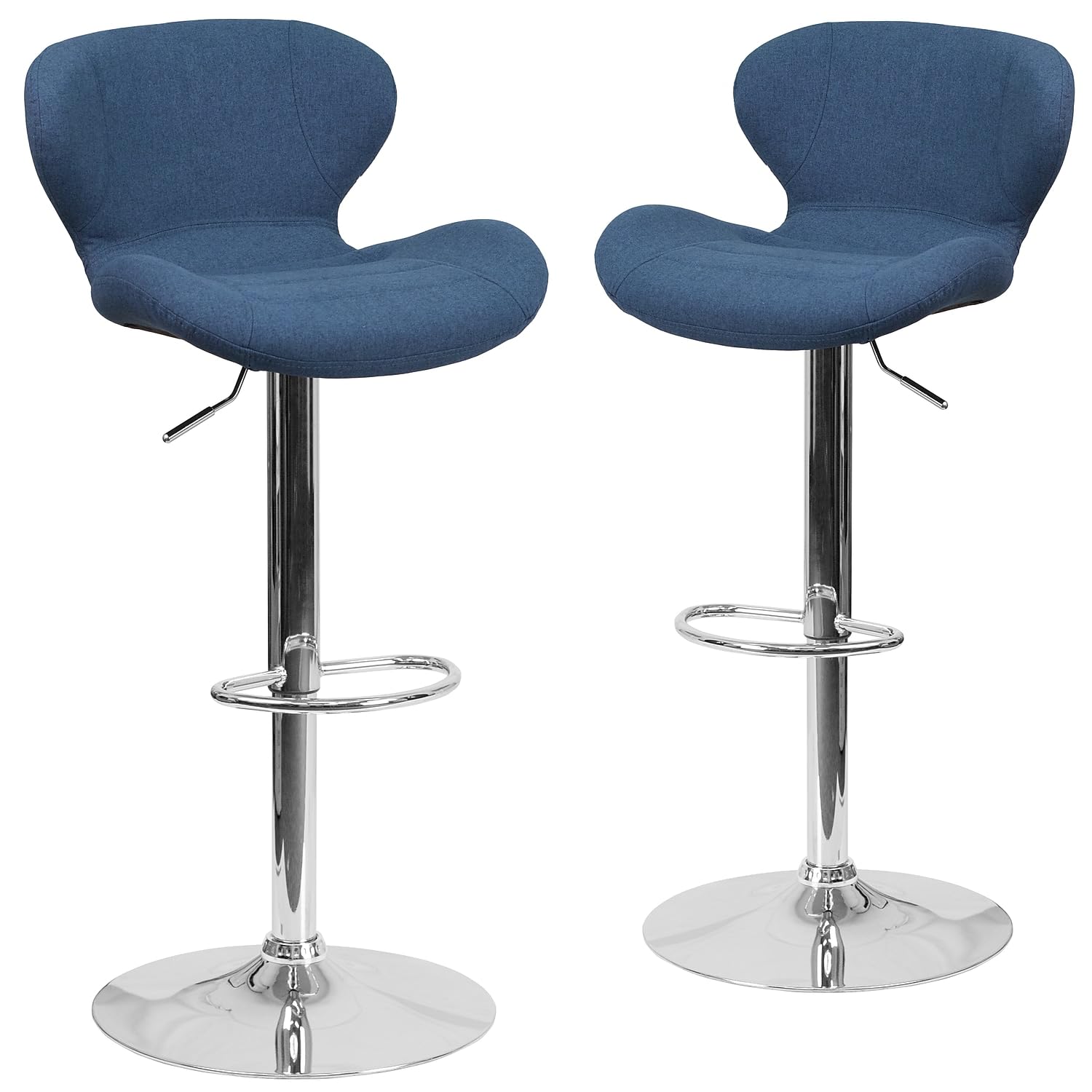 Flash Furniture Juego de 2 taburetes contemporáneos de Vinilo de Altura Ajustable con Respaldo Curvado y Base cromada, Espuma, Madera contrachapada, Metal, Tela Azul, Juego de 2