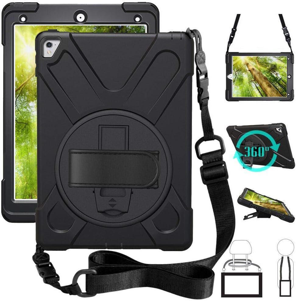 ZenRich iPad Pro 9.7 Case 2016, zenrich 360 Rotating Kickstand Hand Strap & Shoulder Belt zenrich Shockproof Heavy Duty Rugged Case for iPad Pro 9.7 inch 2016 Release A1673/A1675 Black