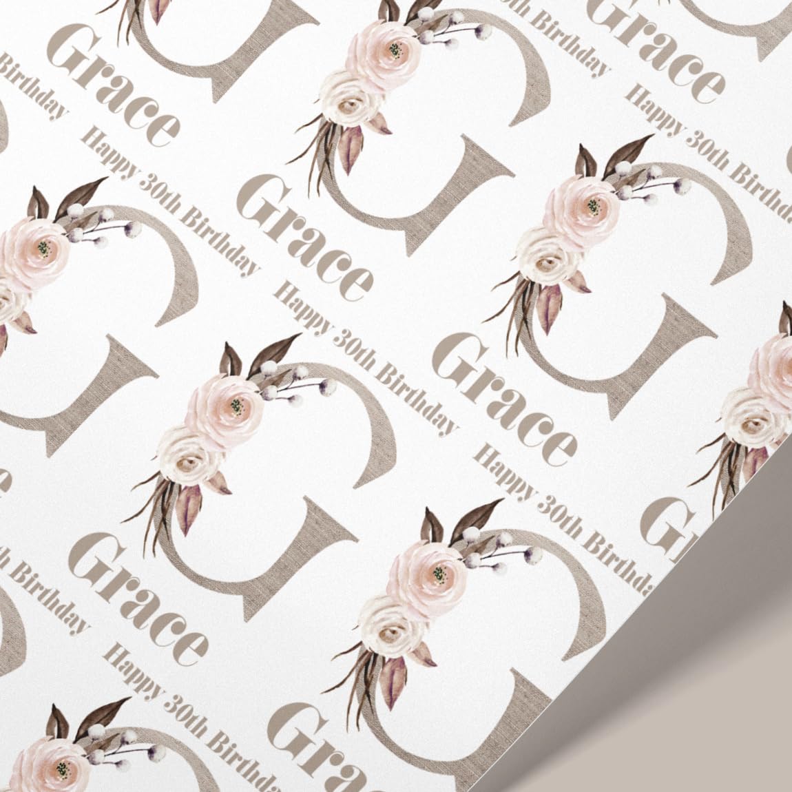 Personalised Floral Initial Wrapping Paper with Name & Age – Elegant Neutral Birthday Gift Wrap for Her – Custom Any Occasion – 61cm Wide Premium Roll (3mt)