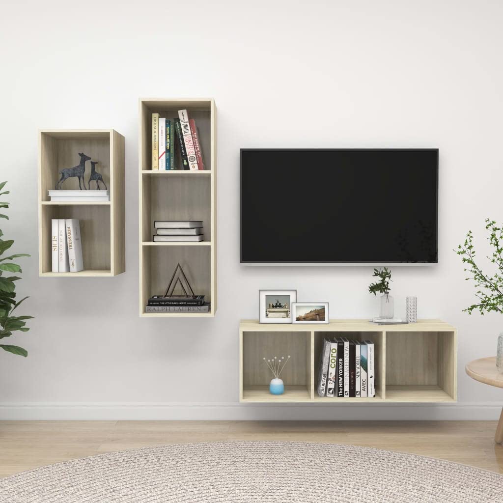 3-TLG. TV-Schrank-Set Sonoma-Eiche, Holzwerkstoff, Hängend, Modernes Media-Center für Wohnzimmer, Schlafzimmer, 37x37x107cm
