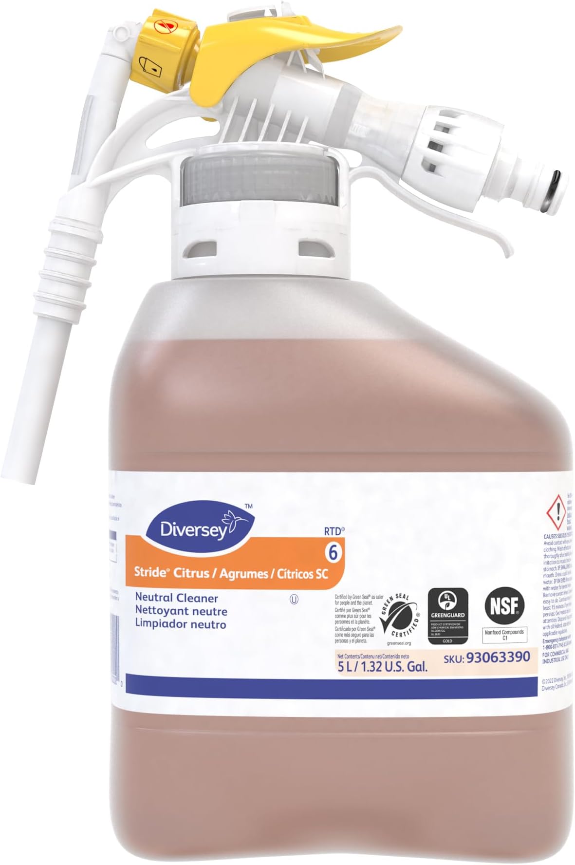 93063390 Stride Citrus SC Neutral Cleaner, Commercial Floor Cleaner, Citrus Scent, Ready-to-Dispense (RTD) Concentrate, 5-Liter