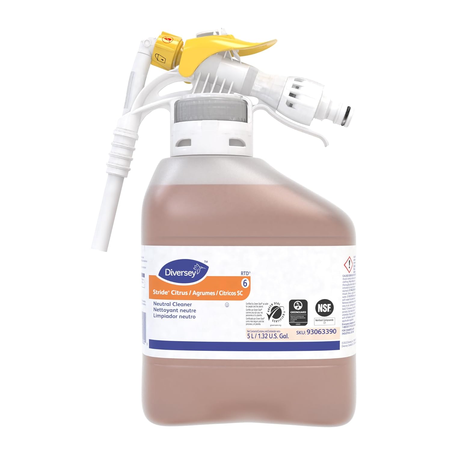Diversey 93063390 Stride Citrus SC Neutral Cleaner, Commercial Floor Cleaner, Citrus Scent, Ready-to-Dispense (RTD) Concentrate, 5-Liter