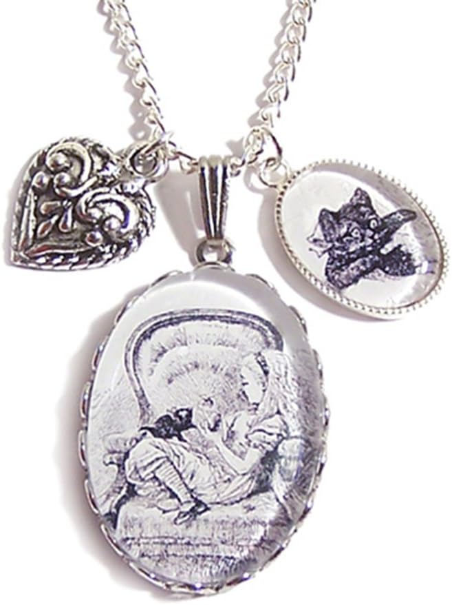 Women Silver Plated Oval Glass Alice in Wonderland Alice with Dinah the Cat Illustration Charm Necklace Pendant