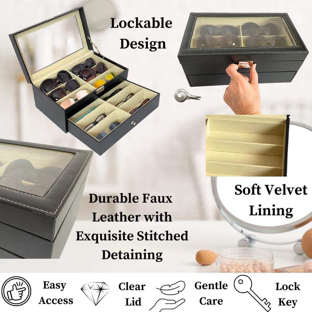 Evelots Eye Glass Case - Sunglasses Organizer Box - 8 or 12 Slot - No Scratch Lining Tray - Vegan Leather - Clear Acrylic Lid