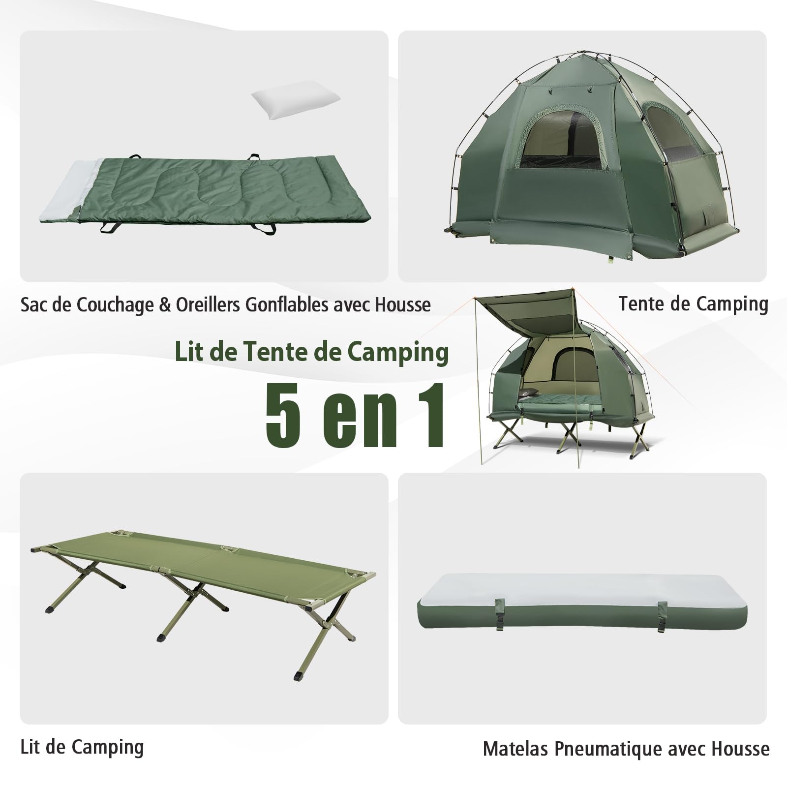 GOPLUS 5-en-1 Lit de Camping Pliant 1 Personne Adultes, Tente Pliante avec Auvent, Tente Surélevée Portable avec Matelas Oreiller Pneumatique et Sac de Couchage(87x194x167CM-Simple,Vert)