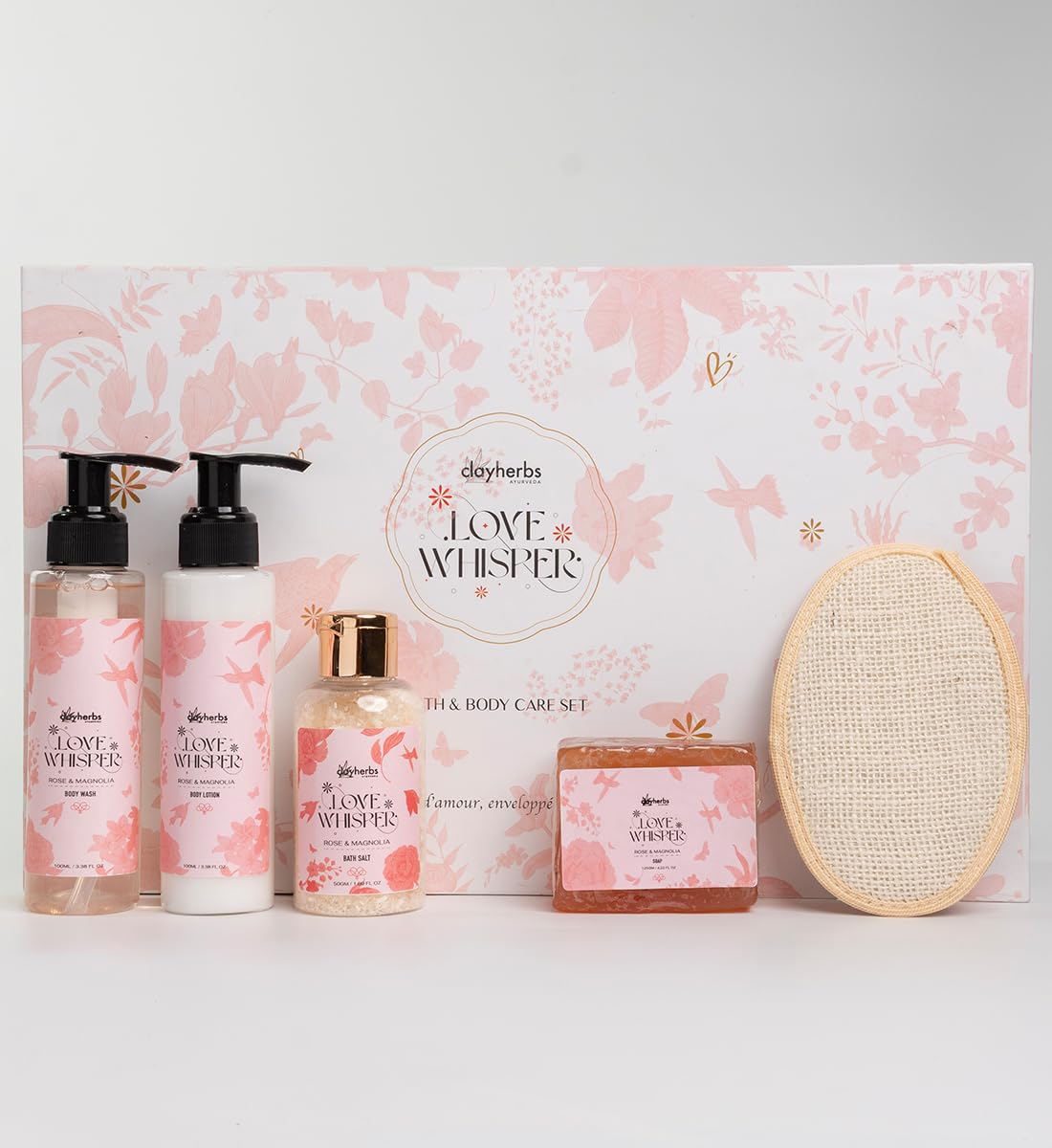 Ayurveda Love Whisper Rose & Magnolia Bath & Body Care Gift Set for Women | 5-in-1 Spa Kit with 100ml Body Wash + 100ml Body Lotion + 50g Bath Salt + 125g Handcrafted Soap + Loofah Scrubber | Luxury Floral Gift Box | Perfect for Birthday, Valentine, Wedding & Festive Gifting-image-34