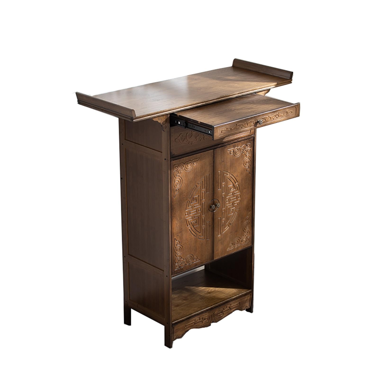 Tavolo da altare per meditazione con contenitore, design bordo e cassetto, ideale per pratiche spirituali e decorazioni, costruzione in legno