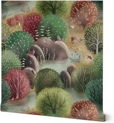 Spoonflower Papel tapiz para despegar y pegar de 3 x 2 pies, bosque caprichoso, naturaleza, bosque, otoño, paisaje, árboles, animales, papel tapiz