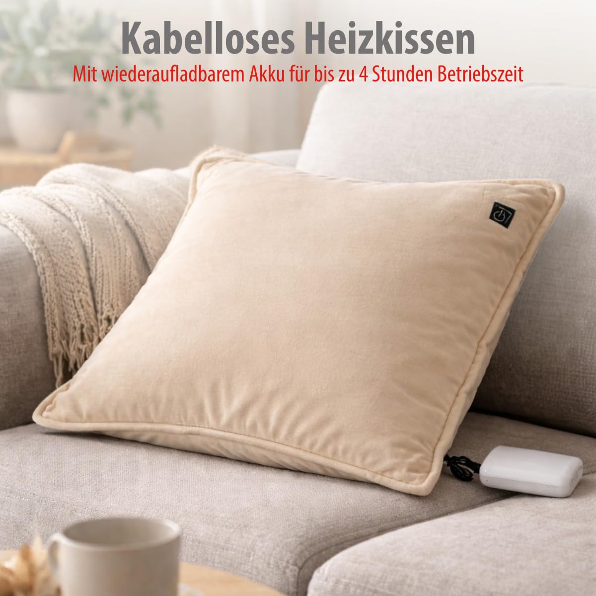 alpina Heizkissen Kabellos mit Powerbank – Wärmekissen Elektrisch mit 3 Heizstufen – Fleecebezug Abnehmbar und Waschbar – 45x45cm – Beige
