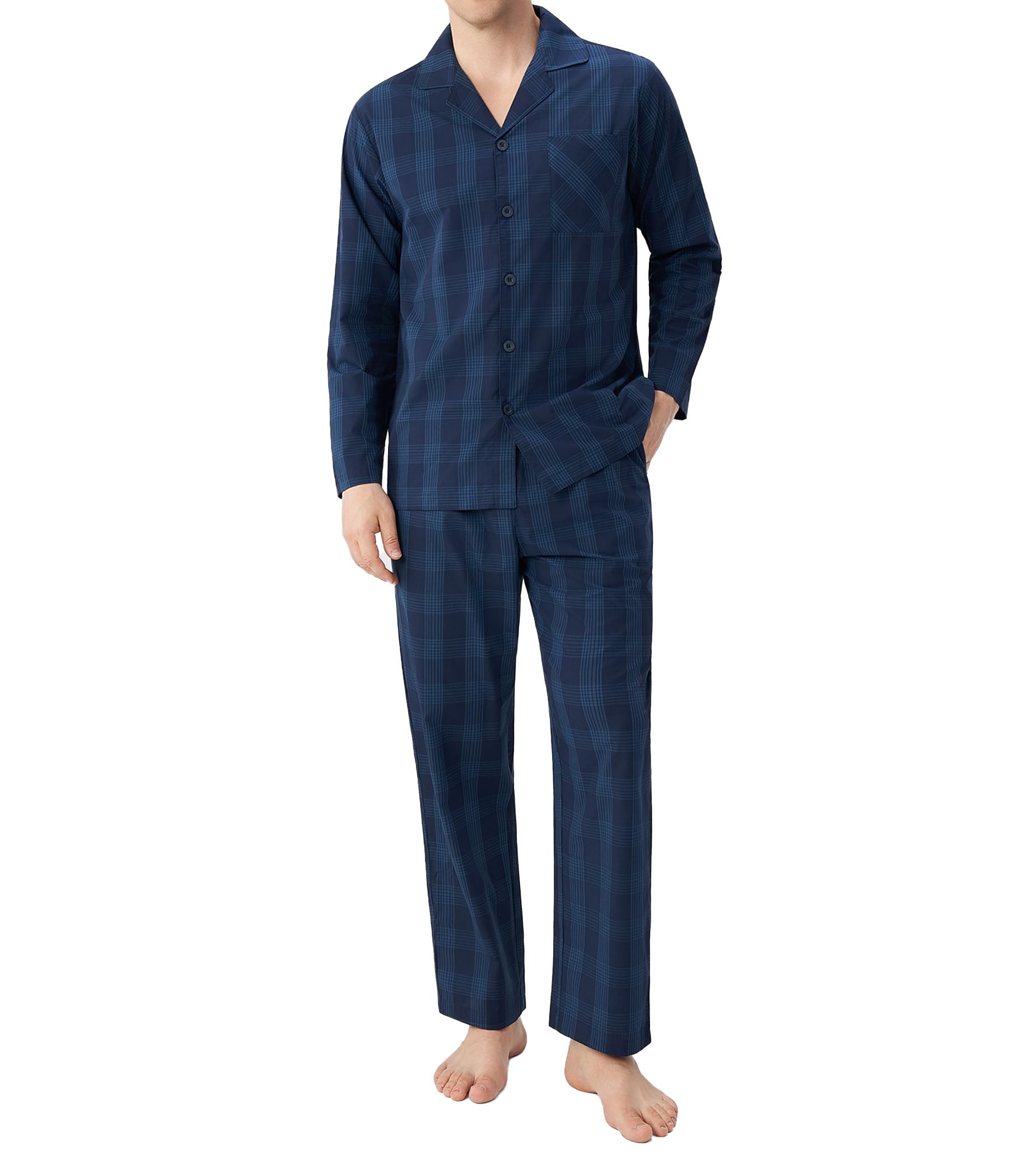 DAVID ARCHY Conjunto de pijama para hombre, de algodón tejido, a cuadros, con botones, ligero y transpirable
