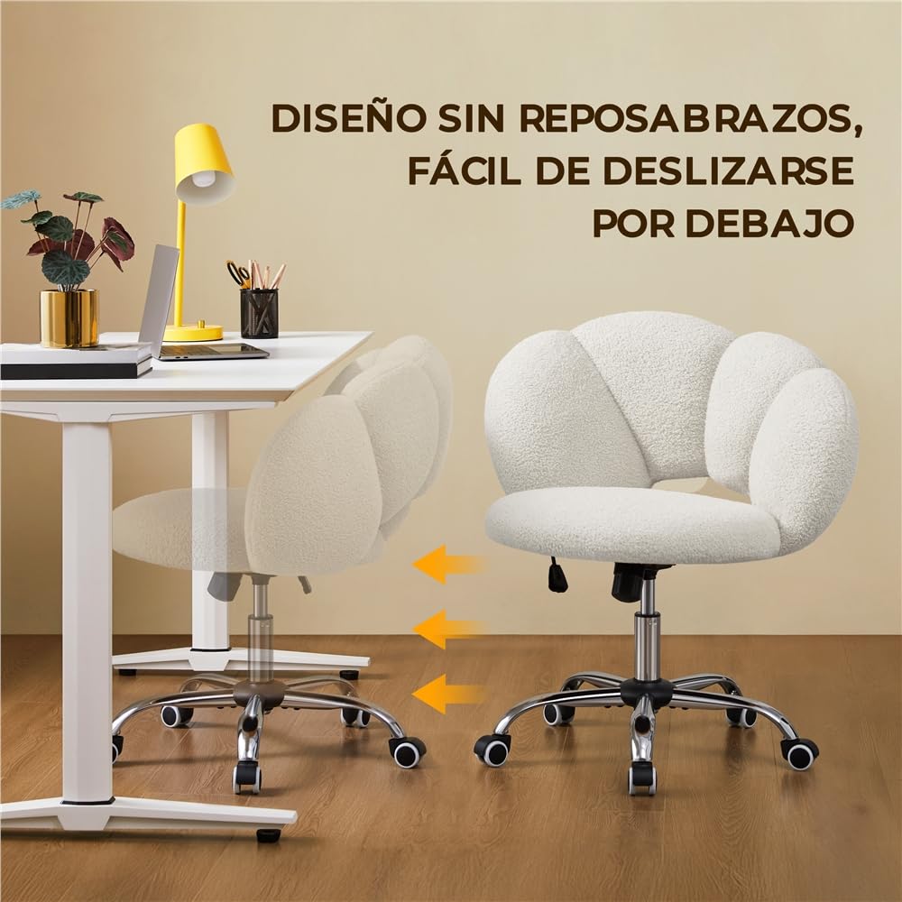 Yaheetech Silla de Escritorio Silla de Oficina Ergonómica sin Brazos Tapizada Blanca con Ruedas Giratorias Respaldo Diseño Nube en Tejido Bouclé Altura Ajustable