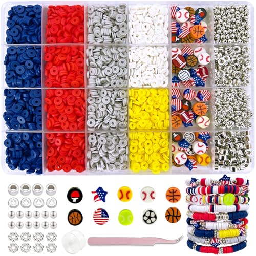 MIIIM Sports Clay Beads Kit for Bracelets Making Football Heishi Beads 4th of July Beads Clay Charms and Silver Spacers for Jewelry Making Friendship Bracelet Kit for Crafts Concert Raves
