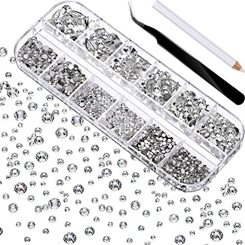 2000 Pieces Flat Back Gems Round Crystal Rhinestones 6 Sizes (1.5-6 mm) with Pick Up Tweezer and Rhinestones Picking Pen for Crafts Nail Face Art Clothes Shoes Bags DIY (Black)