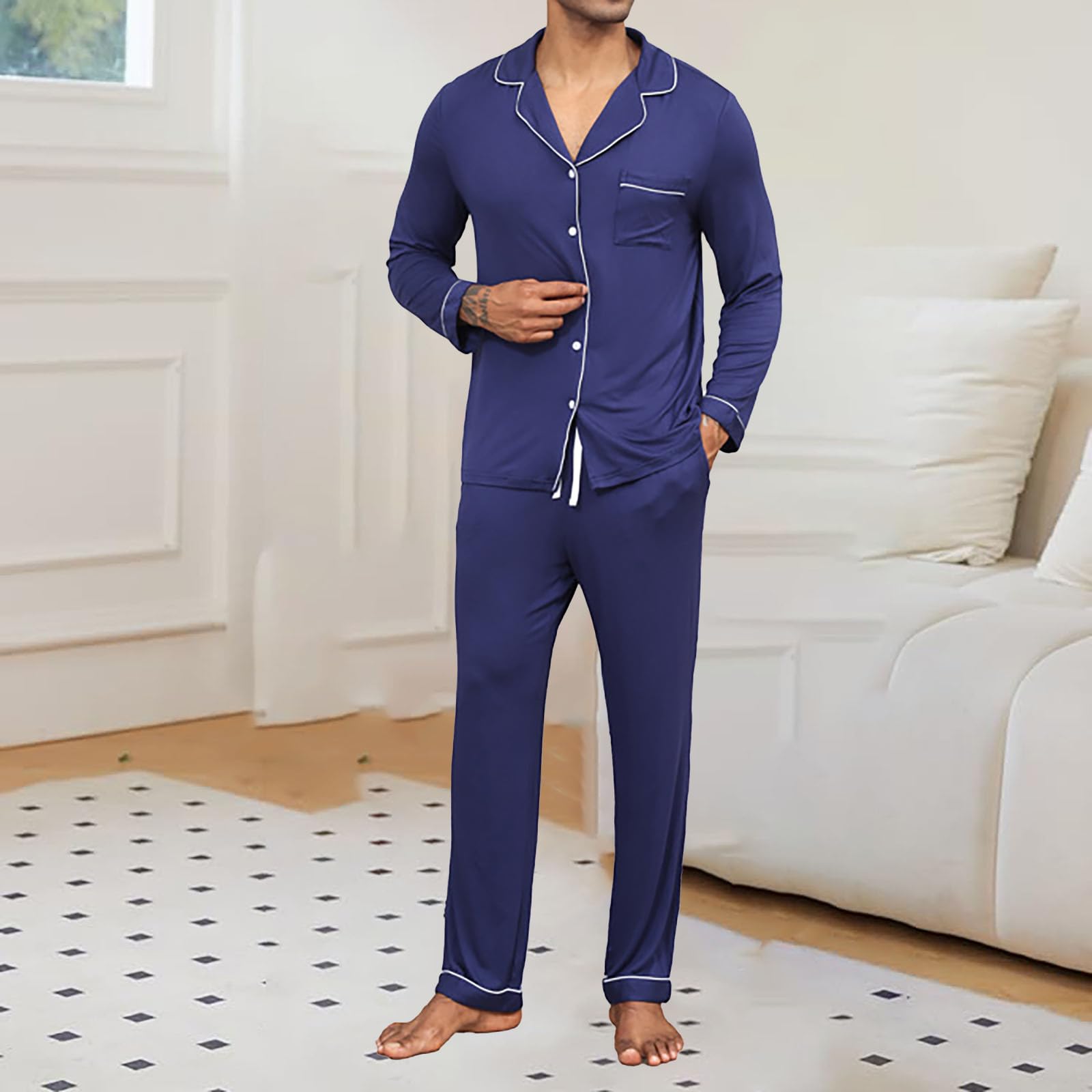 Conjunto de pijama de satén para hombre, ligero, para descansar | Ropa de dormir con botones y bolsillos, pijamas de manga larga, pantalones con botones, conjunto de pijama de seda para