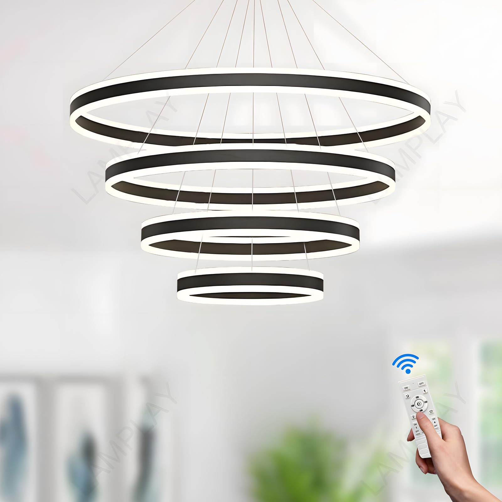 LAMPLAY Round LED Modern Pendant Light, 4 Black Ring Chandelier, Dimmable with Remote Control 3000K-6000K Ceiling Light, Height Adjustable, Foyer Living Room Bedroom Kitchen Island (Ø20+40+60+80cm) — image 1