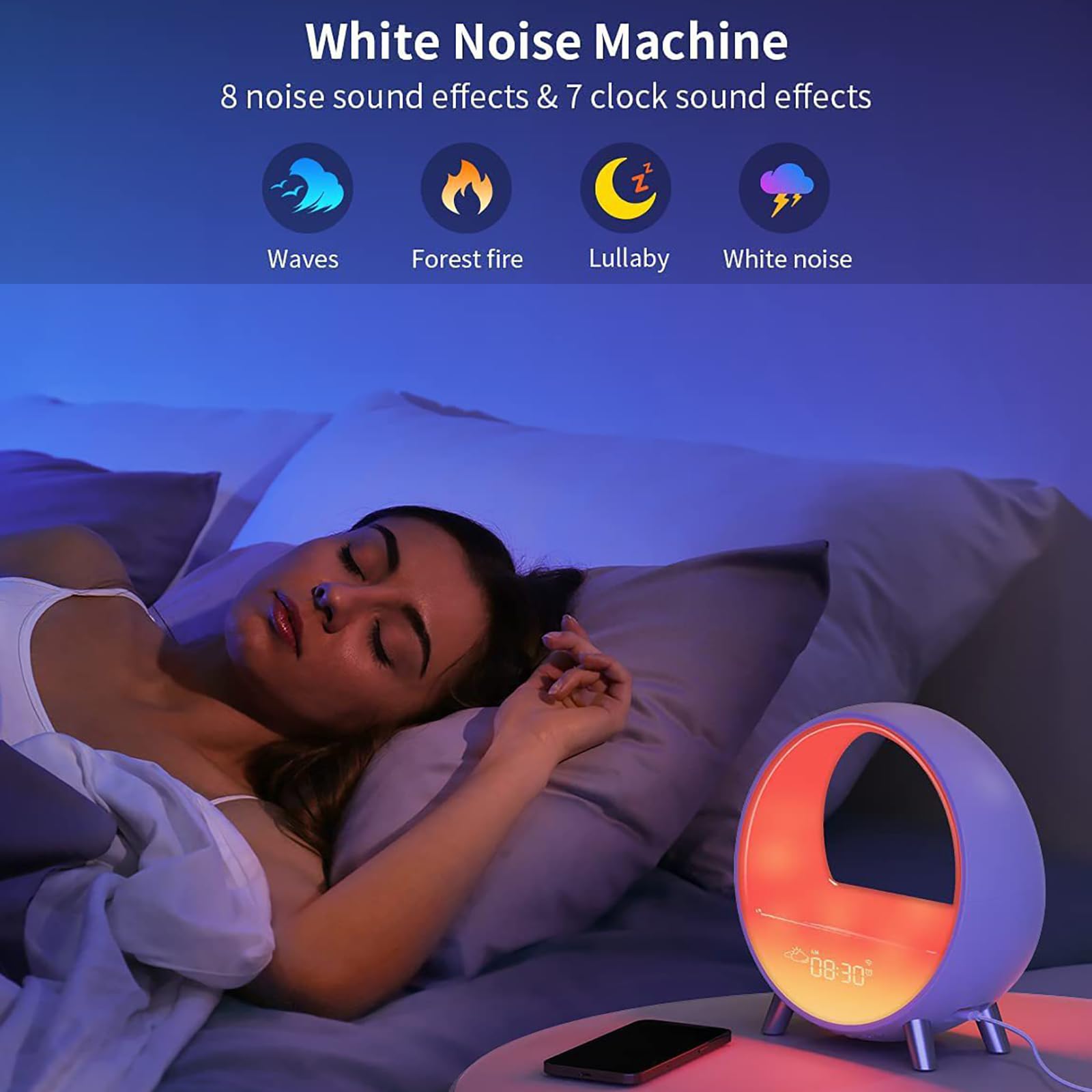 Lámpara de ambiente de ritmo inteligente, despertador de amanecer, luz de despertador, cargador inalámbrico, lámpara de noche, aplicación/voz/pulsador, reloj despertador de puesta de sol controlado