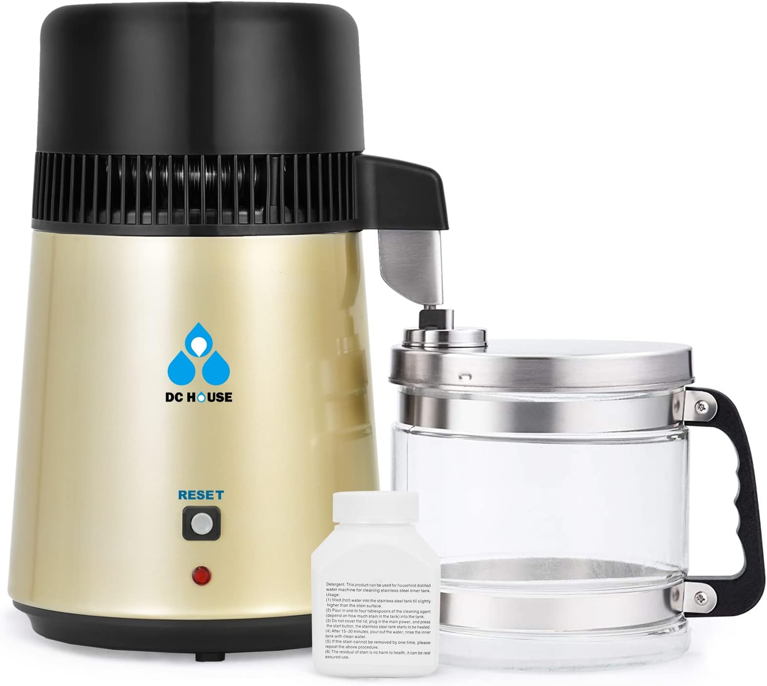 DC HOUSE Upgrade Water Distiller, 304 Stainless Steel 1 Gallon Distilled Water Maker Machine for Home Countertop Table Desktop, 750W 4L Making Machine with On Off Switch, Glass Container