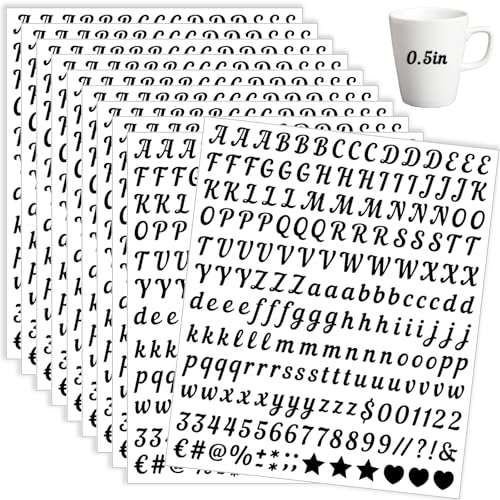 2000 Pieces 10 Sheets Vinyl Letter Stickers Small 1/2 Inch Cursive Letter Self-Adhesive Waterproof Alphabet Numbers for Scrapbooking Arts Crafts Water Bottle Mailbox DIY (Black)