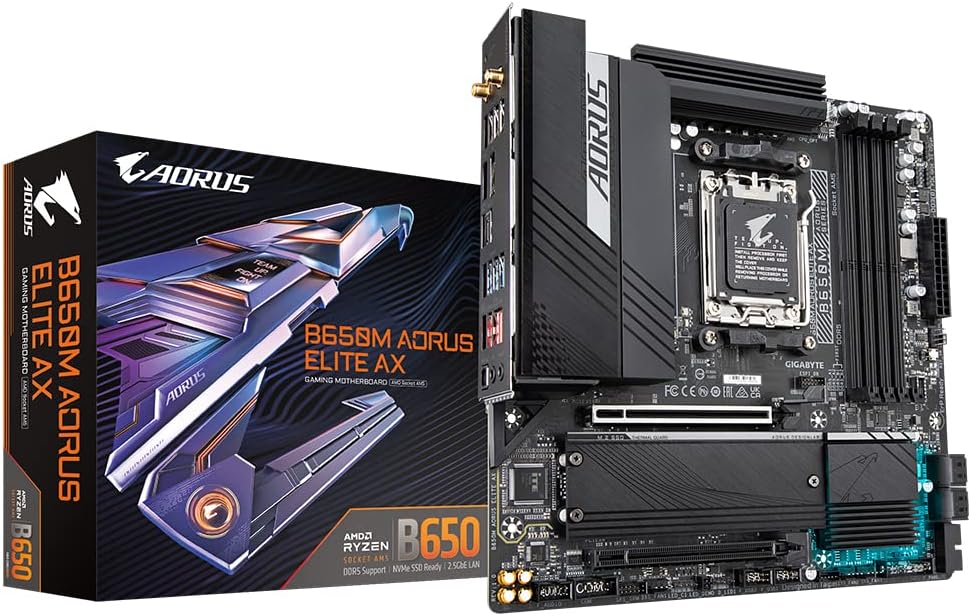 Gigabyte B650M AORUS ELITE AX Motherboard - Supports AMD AM5 CPUs, 12+2+1 Digital VRM, up to 8000MHz DDR5 (OC), 1xPCIe 5.0 + 1xPCIe 4.0 M.2, Wi-Fi 6E, 2.5GbE LAN, USB 3.2 Gen 2