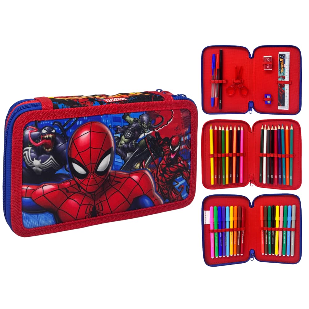 CARTOON Estuche de 3 cremalleras completo de 44 piezas para la escuela, multicompartimento, bolígrafos, lápices, colores, rotuladores Giotto, Spiderman., 20 x 13 x 6 cm, Estuches