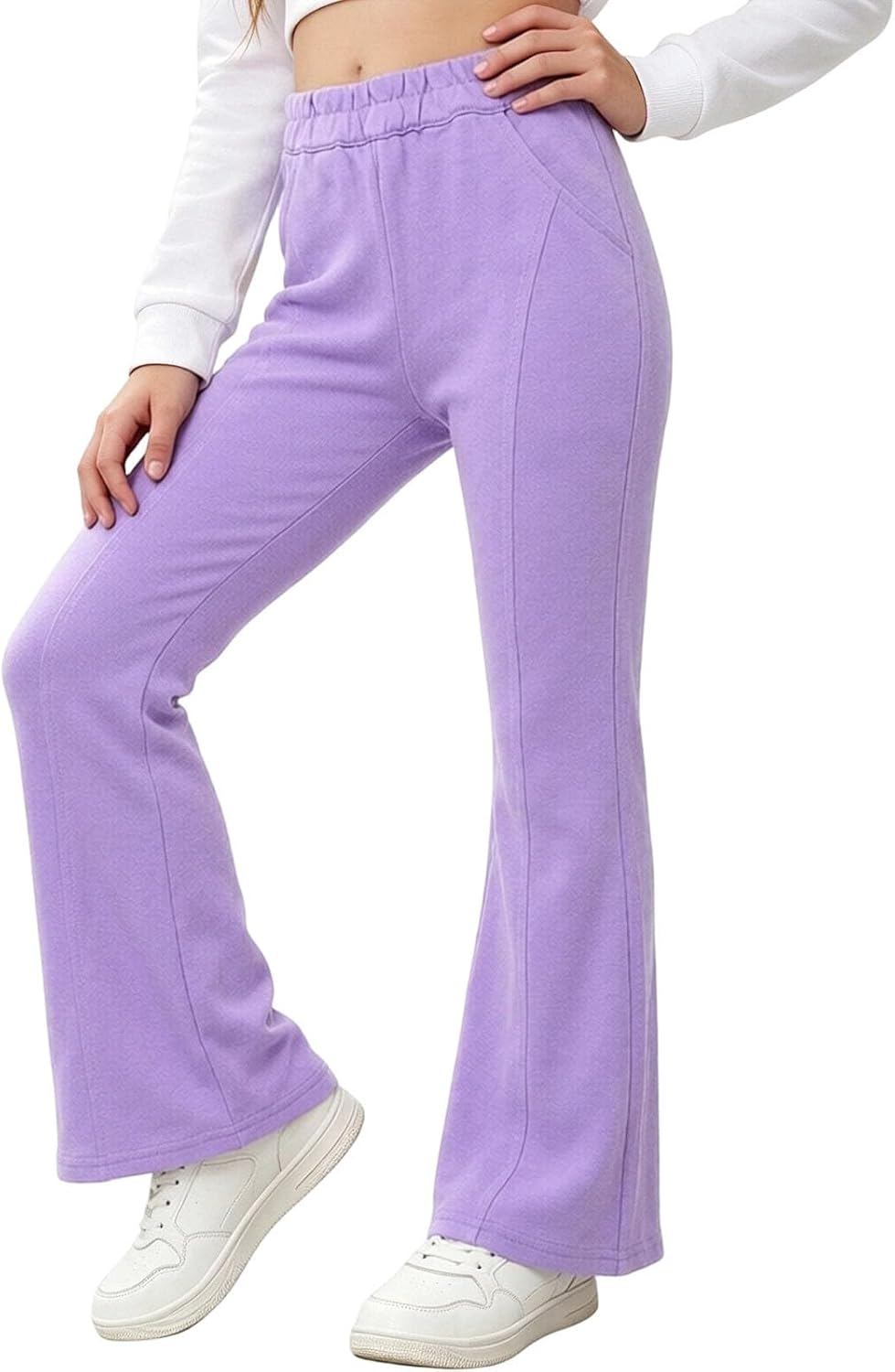 Girls Sweatpants Elastic Waist Flare Leg Pocket Casual Sportswear Trousers | Stretchy Waistband Joggers, Side Seam Pockets Track Pant, Comfy Flare Hem,Soft Fleece Lining,Retro Style,Dance School Daily