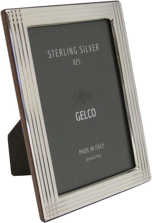 Italian 925 Sterling Silver & Wooden Back Glossy Striated Border Picture Frame (4x6)