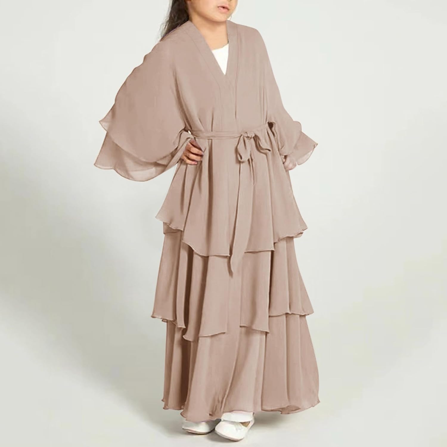 Girls Chiffon Muslim Dress A-Line Swing Ruffled Layered Abayas Dresses Teens Solid Elegant Prayer Clothes with Belt