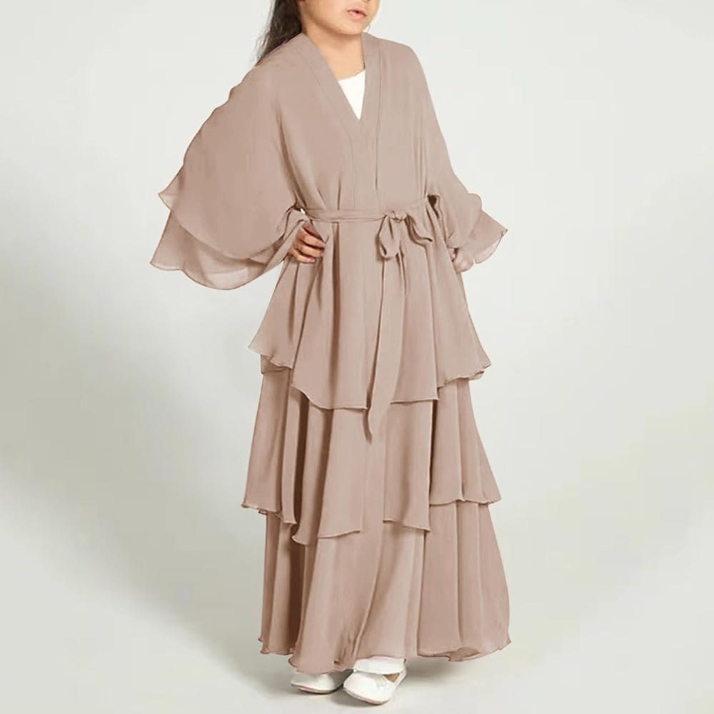 hijab party wear dresses Muslim Dress for Girls Prayer Holiday Cardigan Abaya Long Sleeve Elegant Chiffon Clothes with (Beige, 100): Clothing, Shoes & Jewelry co-green dance performance Photo of fashion model MATERIAL:52% CO - 48%SE / 100% CO