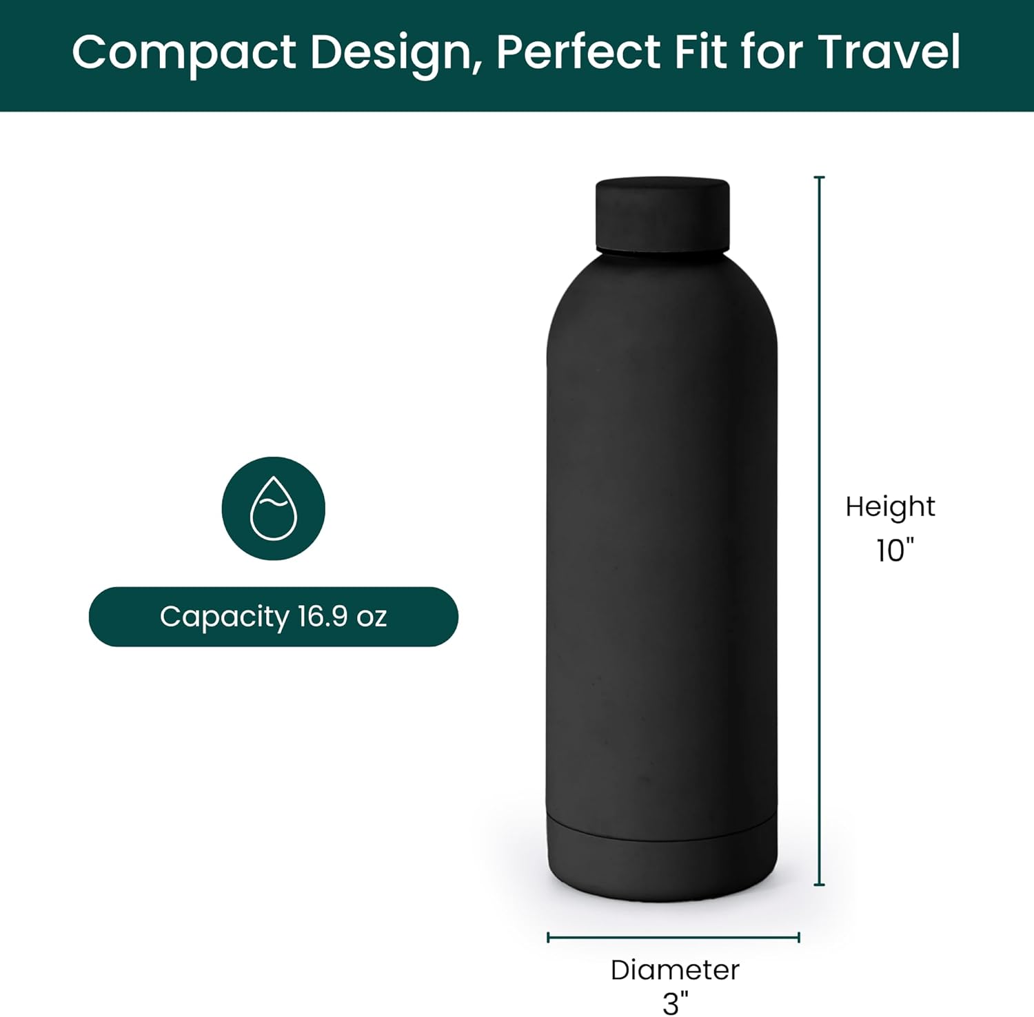 NOBL Stainless Steel Water Bottle,17 oz, 500 ml, Double Wall Vacuum Insulation, Sealed Thermo Bottle Keeps Drinks Cold 24 Hrs & Hot 12 Hrs, Leak Proof, Fits Noble Carry-On Cup Holder - Jet Black
