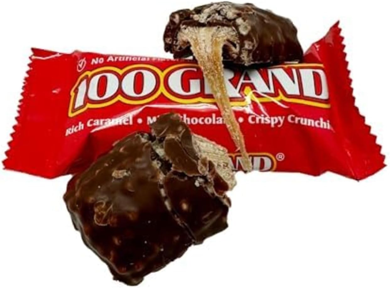 100 Grand Fun Size Candy Bars – 2 LB Resealable Stand-Up Bag (approx. 40 pieces) – Individually Wrapped – Chewy Caramel, Crispy Crunch & Rich Milk Chocolate – Classic Retro Candy – Perfect for Gifting, Snacking, and Buffets