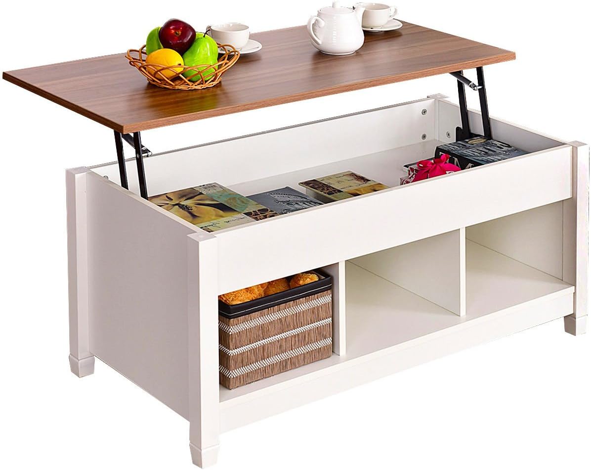 Lift Top Coffee Table Hidden Compartment and Storage Shelves Modern Furniture writing or drinking.