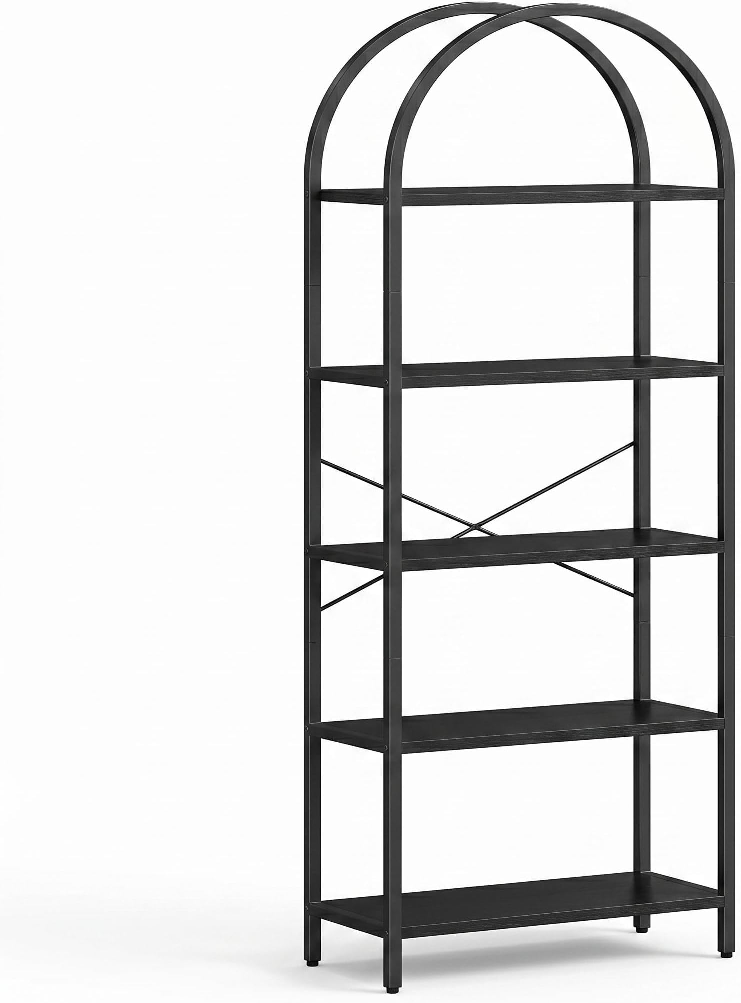 71" Tall Arched Bookshelf (Nearly 6 ft), Modern Black Open Bookcase with Metal Frame, 5 Tier Industrial Etagere Shelf for Living Room