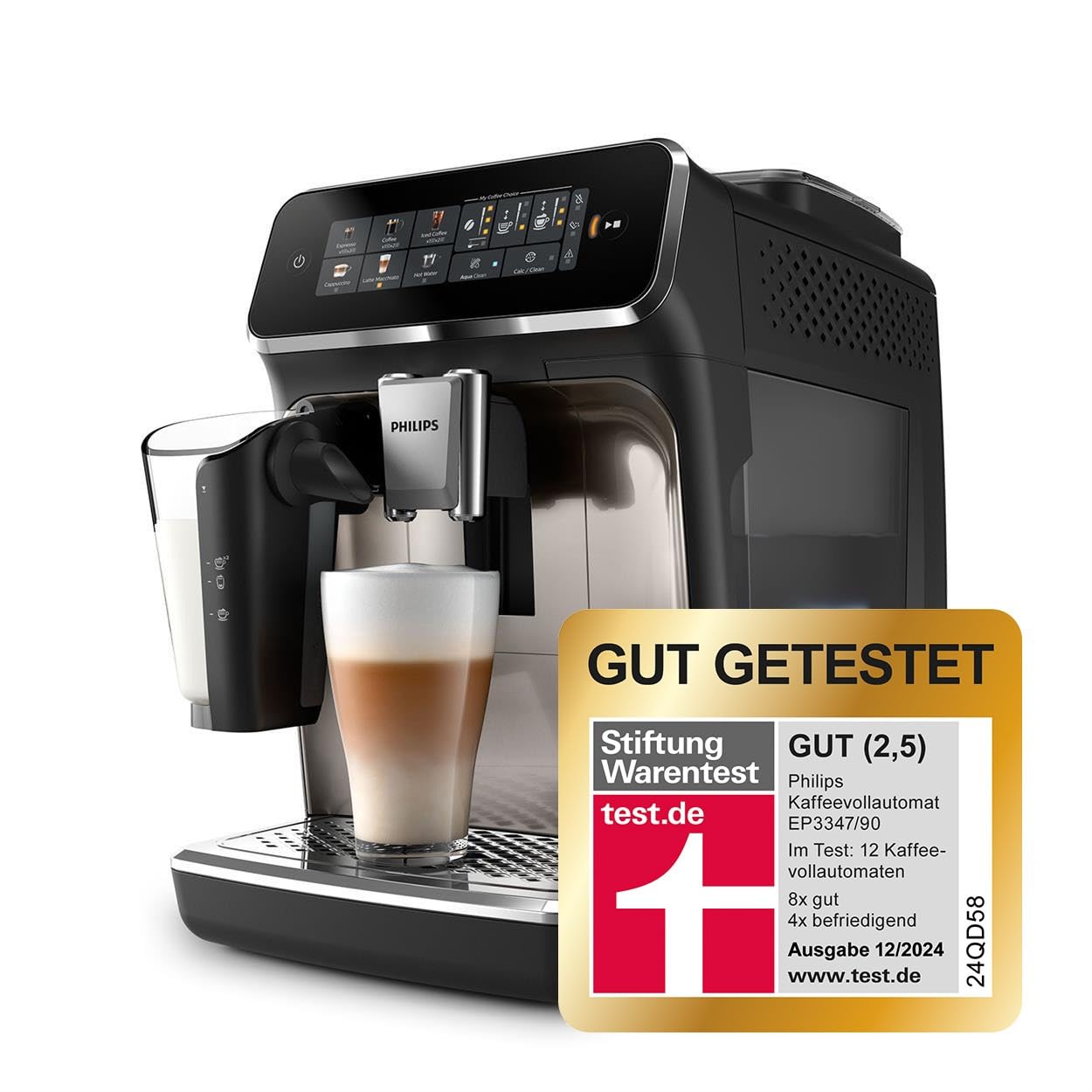 PHILIPS 3300 Series Kaffeevollautomat EP3347/90 mit LatteGo, SilentBrew, Keramikmahlwerk, AquaClean, Schwarzchrom