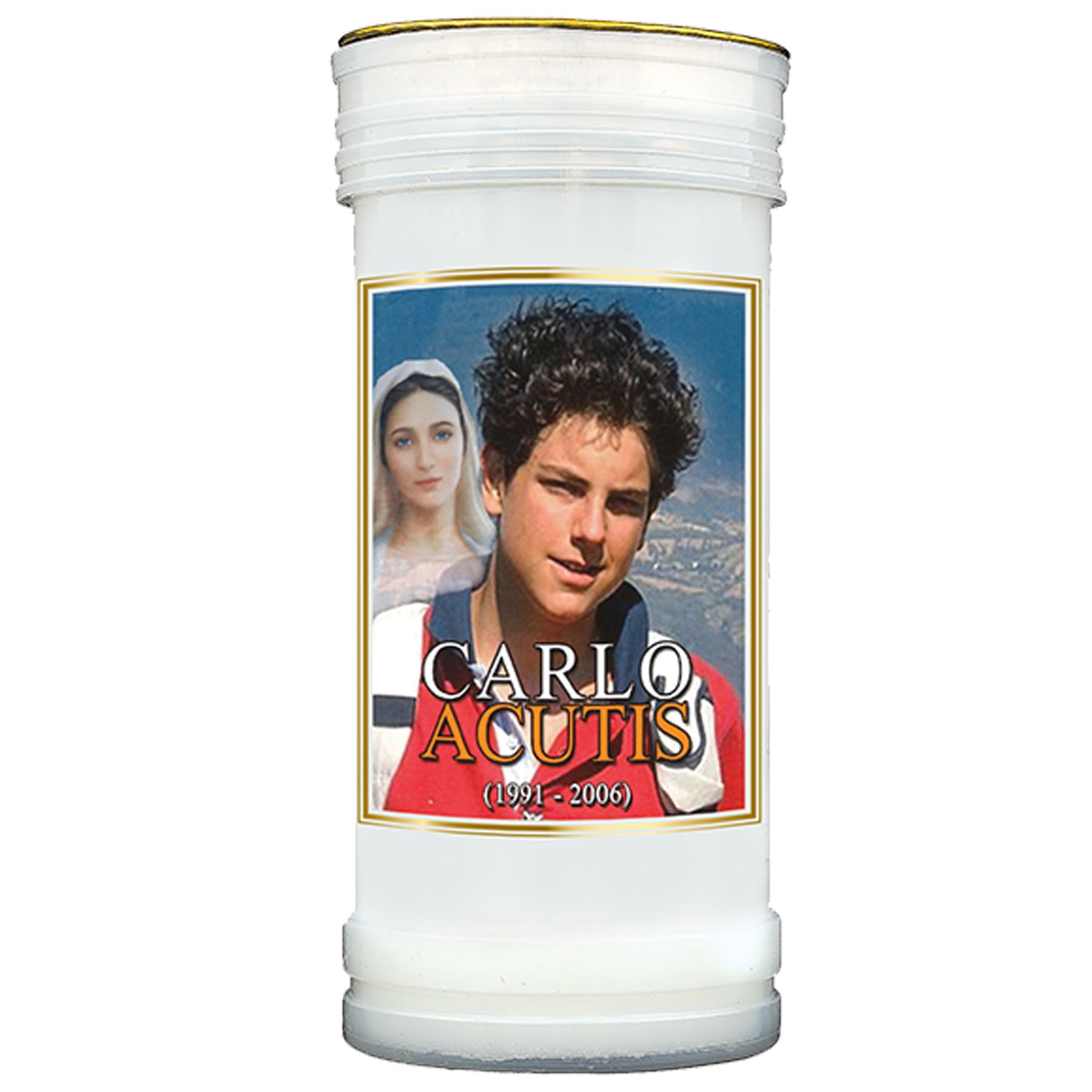 15cm White Candle Carlo Acutis, The Millennial Saint 72 Hour Burn Candle in Holder