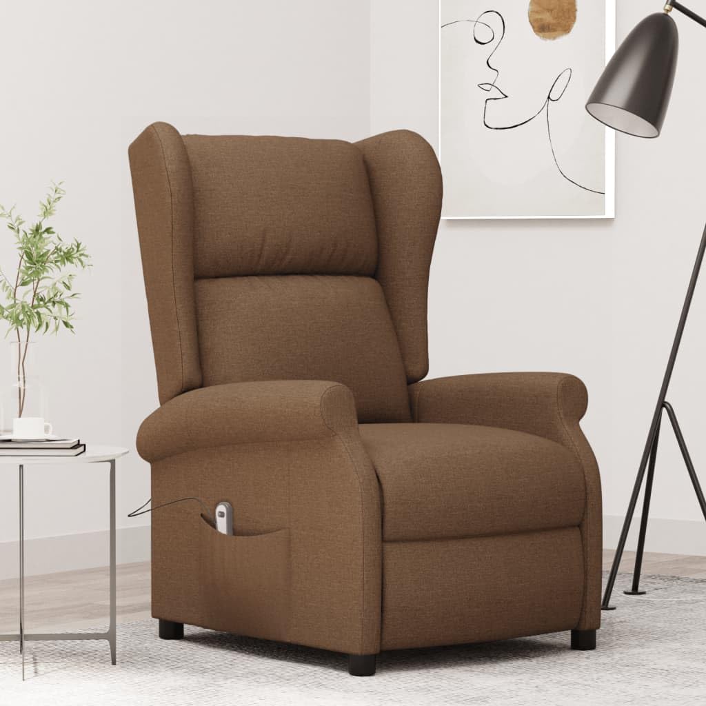 Sillón Orejero Reclinable Eléctrico Tela Marrón con Motor y Control Manual, 3 Posiciones de Reclinado, Asiento Acolchado y Estructura de Madera y Metal para Sala de Estar