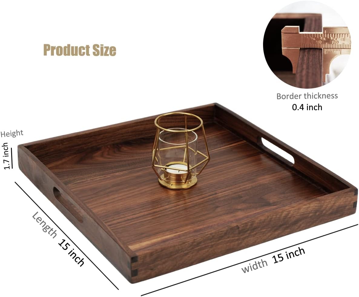 15 x 15 Inches Medium Square Black Walnut Wood Ottoman Tray with Handles, Serve Tea, Coffee Classic Wooden Decorative Serving Tray