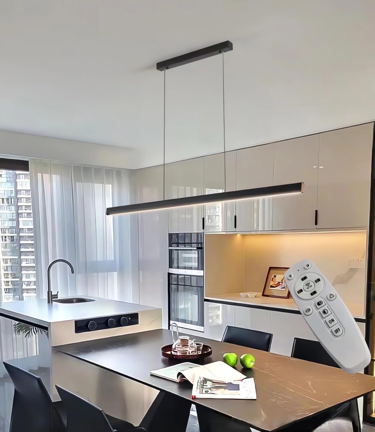 CSXSXAUO Dimmable LED Pendant Light - Modern Linear Chandelier for Restaurant, Office, Kitchen Island & Reading Rooms with Remote Control (Black, 120cm)