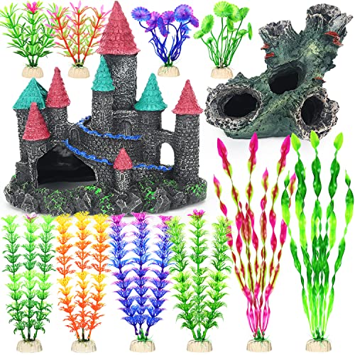 Fish Tank Decorations, 12 Pack Aquarium Decor Accessories Set with Castle and Tree Trunk Cave Artificial Plastic Plants for Small Fish Hideouts (Red)