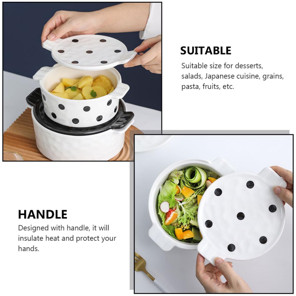 Homoyoyo Ciotola da Forno in Ceramica Bianca con Coperchio e Manici